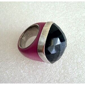 Signed AF 925 Sterling Silver Pink Resin Faceted Black Onyx Dome Ring Size 6.5